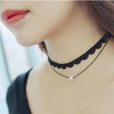 原宿复古黑色蕾丝颈链水钻颈带项圈女欧美朋克项链短款简约锁骨链