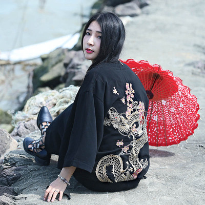 日式 樱花龙图案刺绣和服开衫女 短款外套宽松薄款上衣 春秋 潮