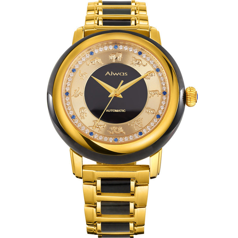 艾华仕 手表男女机械表全自动白玉翡翠防水真皮时尚潮流男士腕表