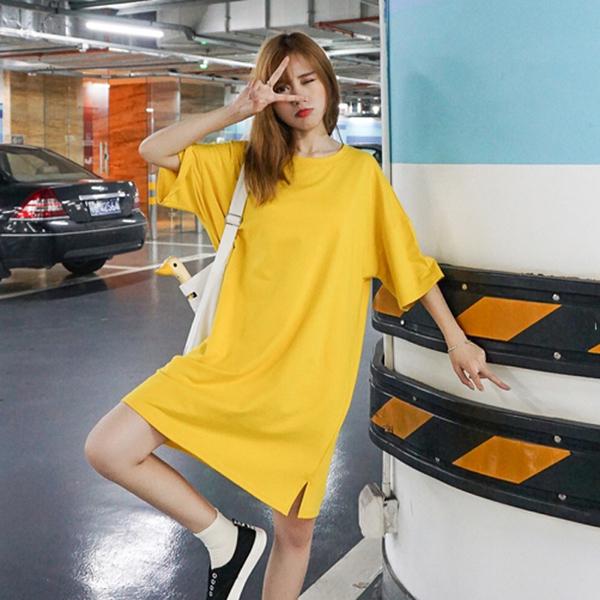 韩版2017春季新款简约宽松休闲开叉五分袖中长款T恤女连衣裙学生