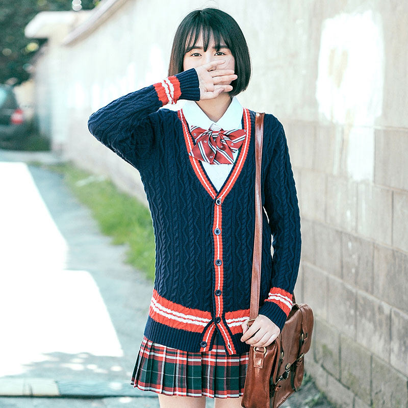 少女装长袖v领毛衣jk制服开衫春秋季学院风开衫 女装纯棉针织衫