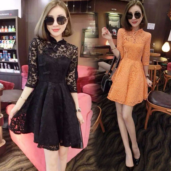 秋天裙子女韩版潮女装大码高腰A字短裙蕾丝打底裙性感旗袍连衣裙