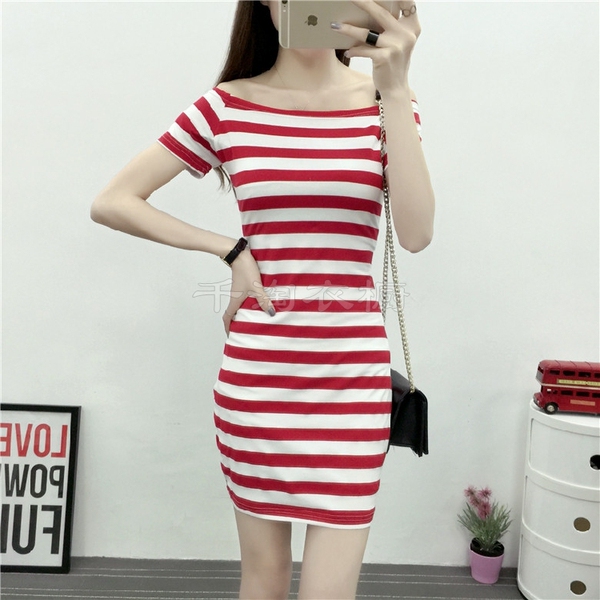 夏款女装纯棉短袖一字领露肩裙性感修身包臀连衣裙打底漏肩中长裙