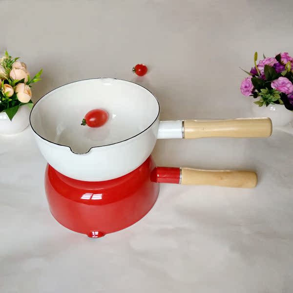 日式雪平锅18cm加厚搪瓷汤锅珐琅木柄不沾奶锅辅食锅燃气电磁炉用