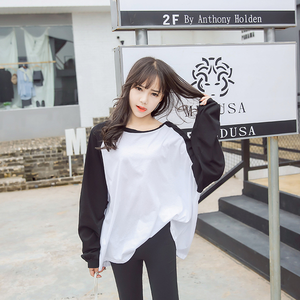 韩版ulzzang学院风慵懒插肩袖拼色圆领大码少女T恤