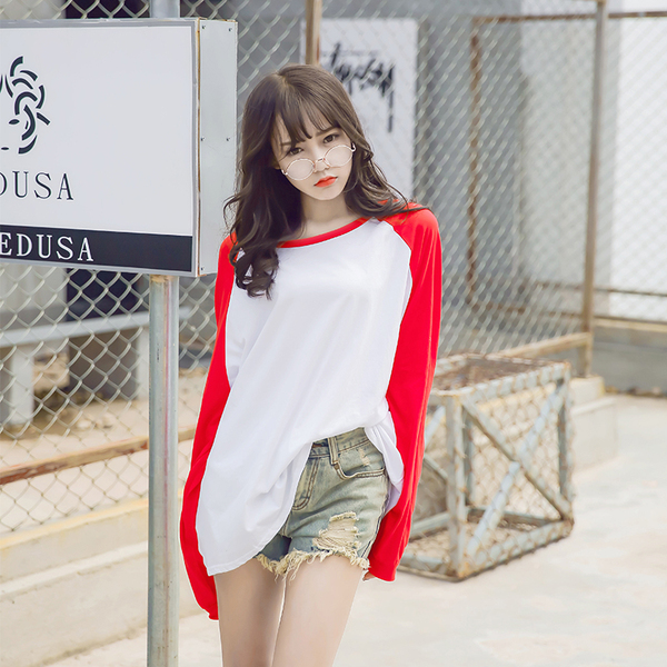 韩版ulzzang学院风慵懒插肩袖拼色圆领大码少女T恤