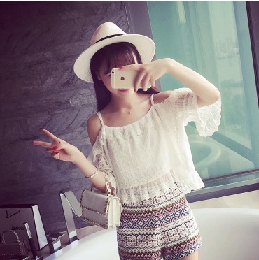 夏季新款韩版宽松气质甜美百搭一字领露肩吊带仙美蕾丝衫女上衣潮
