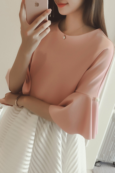 2017春装新款韩版女装名媛范 纯色短款喇叭中袖雪纺衫圆领上衣潮