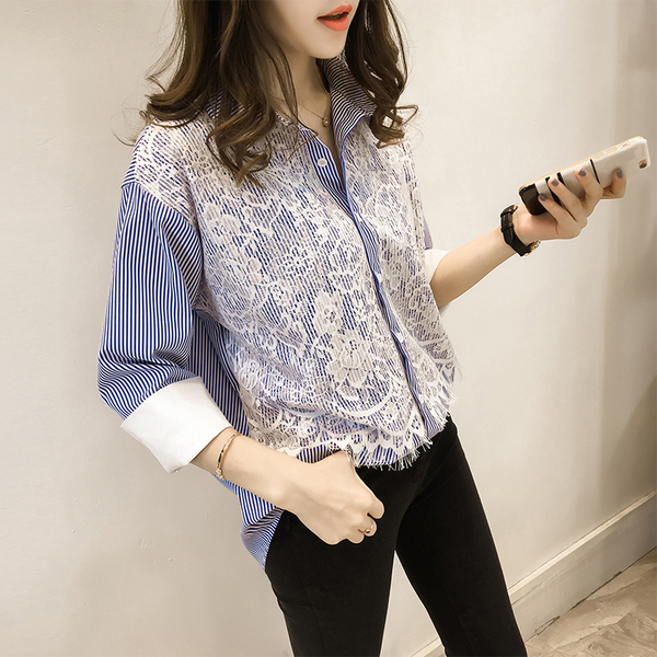 条纹衬衫女 韩版2017春装新款宽松蕾丝拼接上衣翻领中长款衬衣潮