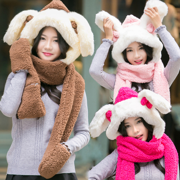 冬天季韩版围脖可爱围巾帽子手套一连体羊羔绒保暖兔耳朵双层加厚