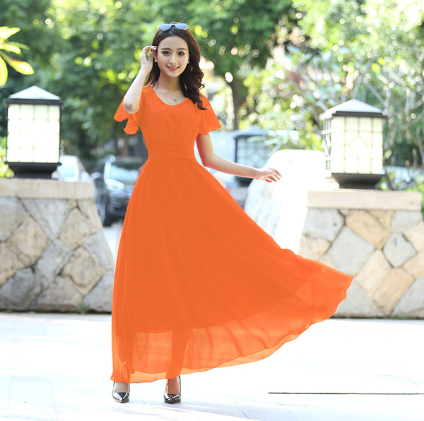 2017夏季新款连衣裙长裙v领雪纺修身女装波西米亚沙滩裙子仙女裙