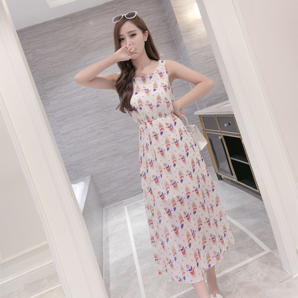 夏季波西米亚长裙沙滩裙无袖碎花雪纺连衣裙女度假海滩裙
