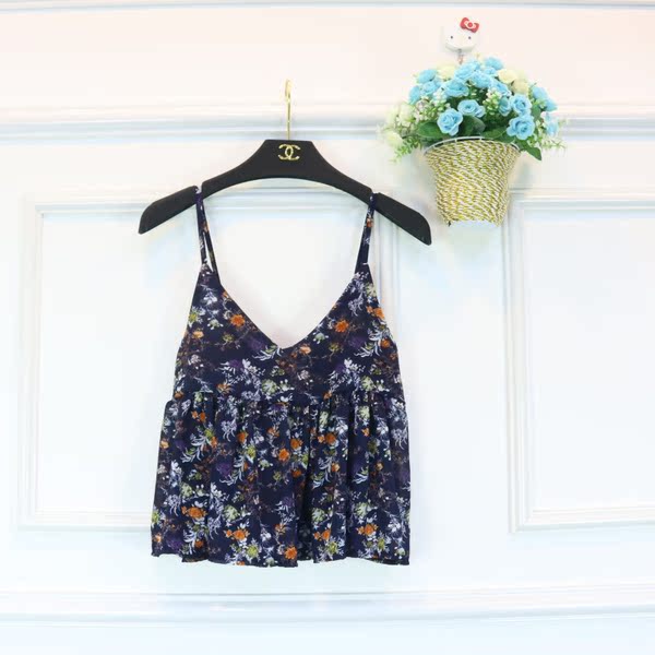 2016夏季新款韩版甜美雪纺碎花显瘦荷叶边裙摆V领小背心吊带女