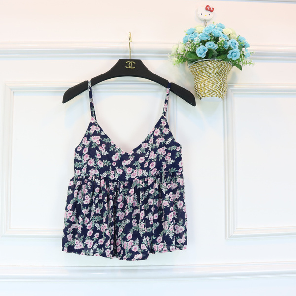 2016夏季新款韩版甜美雪纺碎花显瘦荷叶边裙摆V领小背心吊带女