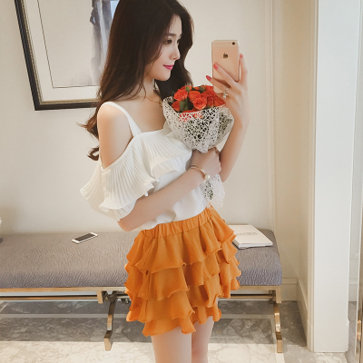 夏装新款 百褶荷叶边露肩吊带雪纺衫韩范女士时尚百搭小性感上衣