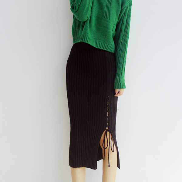 秋冬季韩版高腰直筒中长裙子纯色百搭针织半身裙女开叉绑带包臀裙