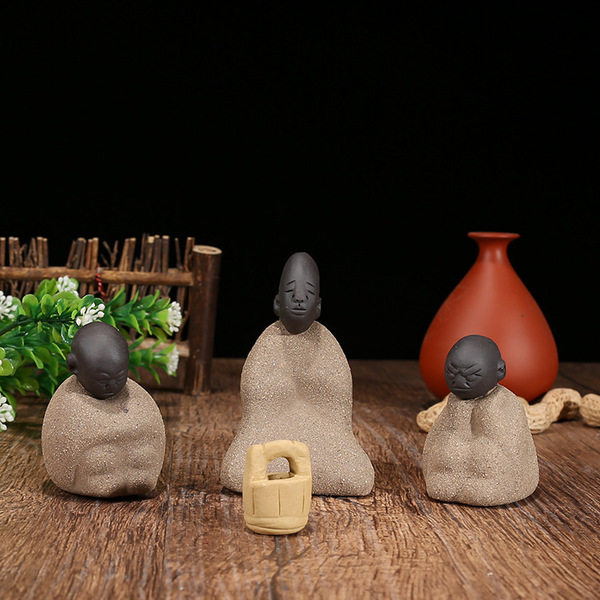 陶瓷全手工紫砂茶宠茶具 茶玩 禅意雕塑三个小和尚趣味 茶道摆件
