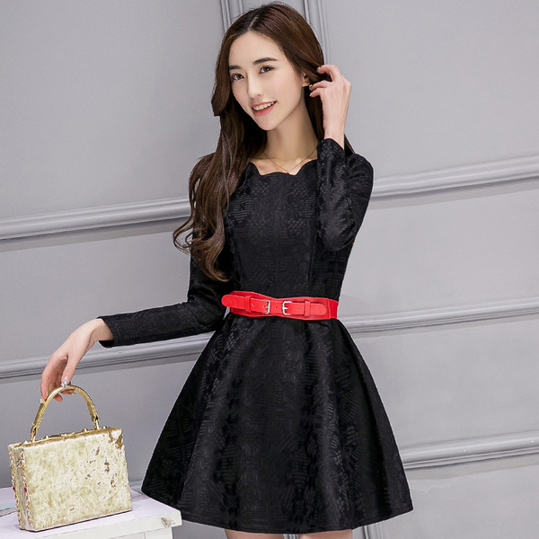 2016秋冬加绒加厚修身显瘦蕾丝长袖连衣裙时尚大码打底裙A字短裙