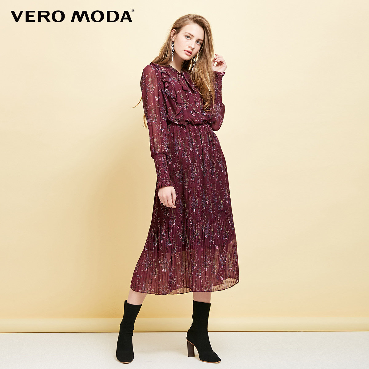 用券价639vero moda系带v领碎花雪纺连衣裙|31827d501