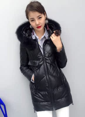 茗格拉a6602冬季新款韩版pu皮棉衣女a版中长款狐狸毛领连帽修身