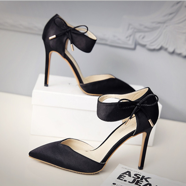 欧美新款真丝绸缎超细跟性感蝴蝶结中空尖头高跟鞋真皮包头女凉鞋
