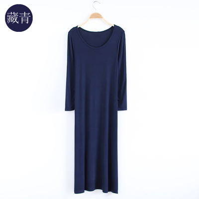 秋季新款莫代尔长袖连衣裙欧美风双U圆领时尚长款拖地长裙包邮