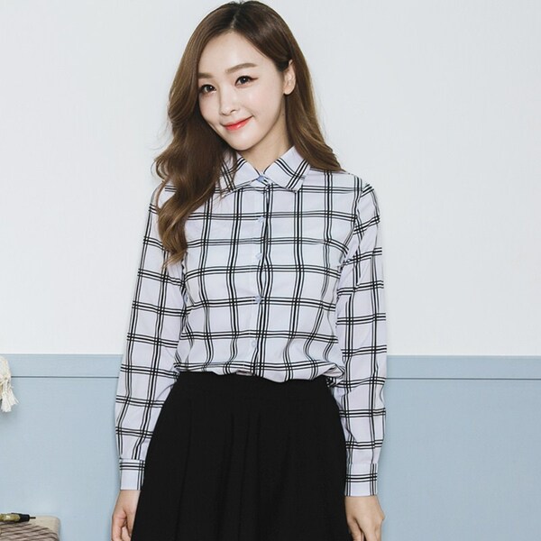 2016春秋新款印花格子衬衫女长袖雪纺衫学生装韩范修身百搭衬衣