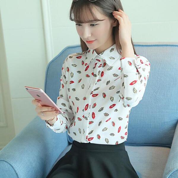 2016秋季新款女装上衣印花衬衫长袖雪纺衫修身显瘦百搭打底衬衣潮