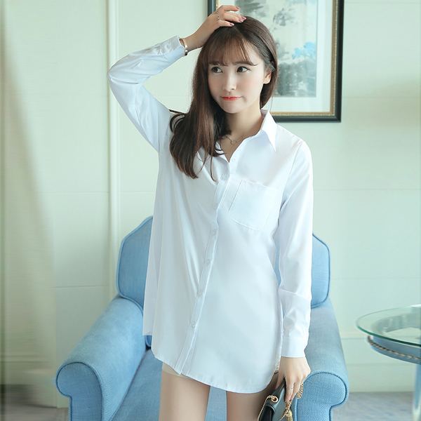 春秋欧美BF风女衬衣性感韩版百搭大码白衬衫睡衣女中长款长袖上衣