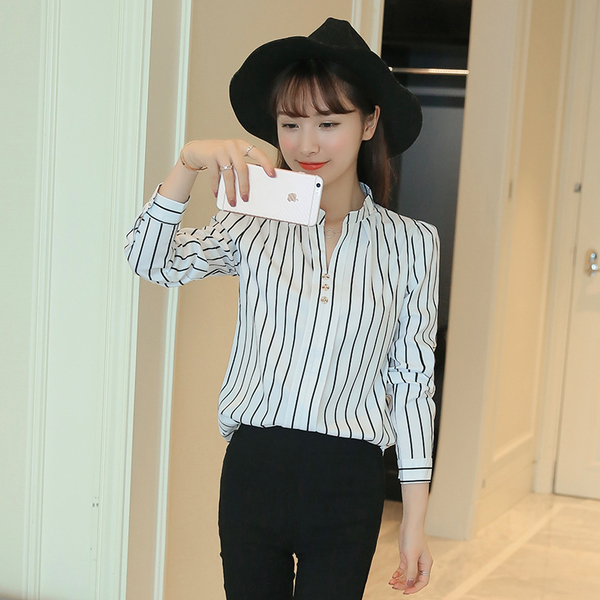 春秋女装职业黑白竖条纹衬衫女长袖显瘦韩版修身大码女士打底衬衣