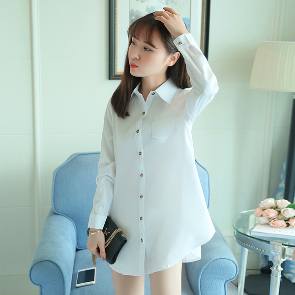 欧美春中长款男友风BF风衬衫睡衣女男朋友白衬衫女长袖棉宽松性感