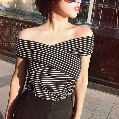 ms快时尚 2016新品前后两穿刘诗诗同款露肩黑白条纹t恤女修身短袖