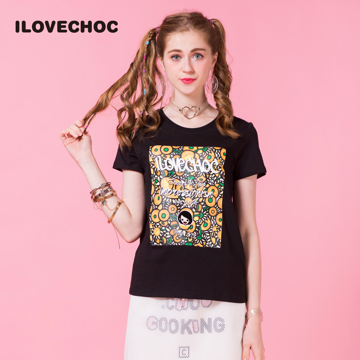 ilovechoc我爱巧克力 2017秋季新款 基本款百搭向日葵t恤