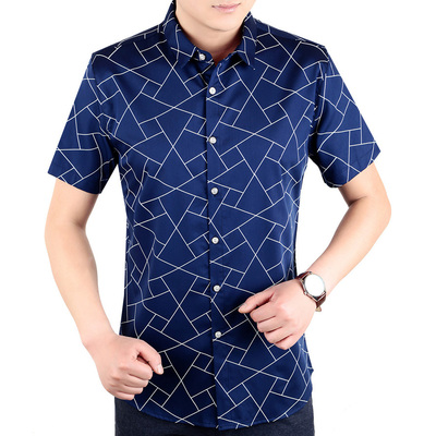 发财羊夏季新款男士短袖休闲时尚衬衫男式半袖青年中年收腰衬衫