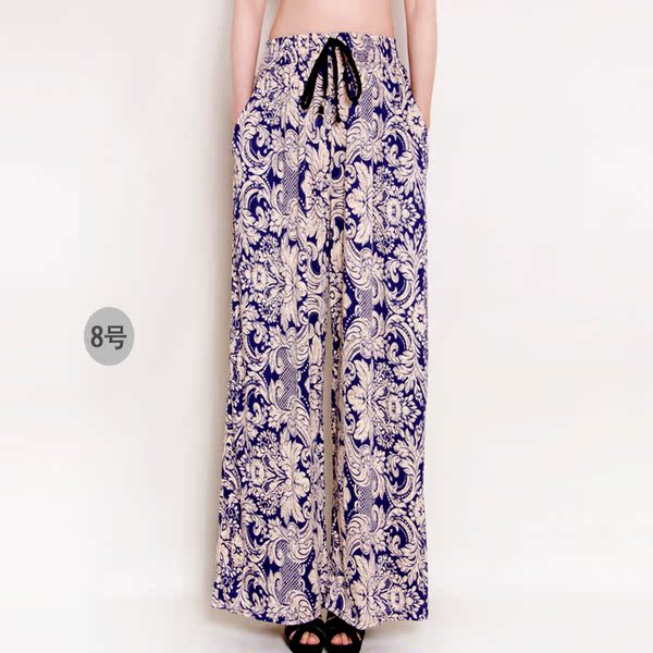 新款春秋夏季女裤加长加肥民族波西米亚花大码阔腿裤直筒裤休闲裤