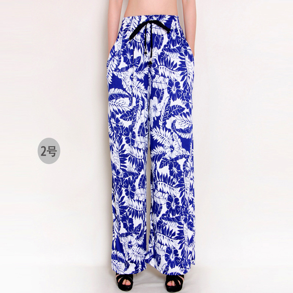 新款春秋夏季女裤加长加肥民族波西米亚花大码阔腿裤直筒裤休闲裤