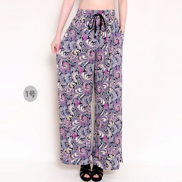 新款春秋夏季女裤加长加肥民族波西米亚花大码阔腿裤直筒裤休闲裤