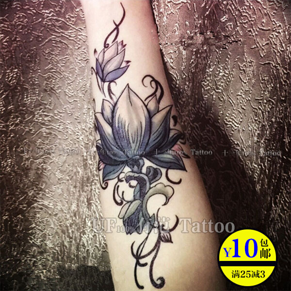 复古莲花纹身贴 持久防水创意手臂贴纸 荷花花臂男女通用个性刺青