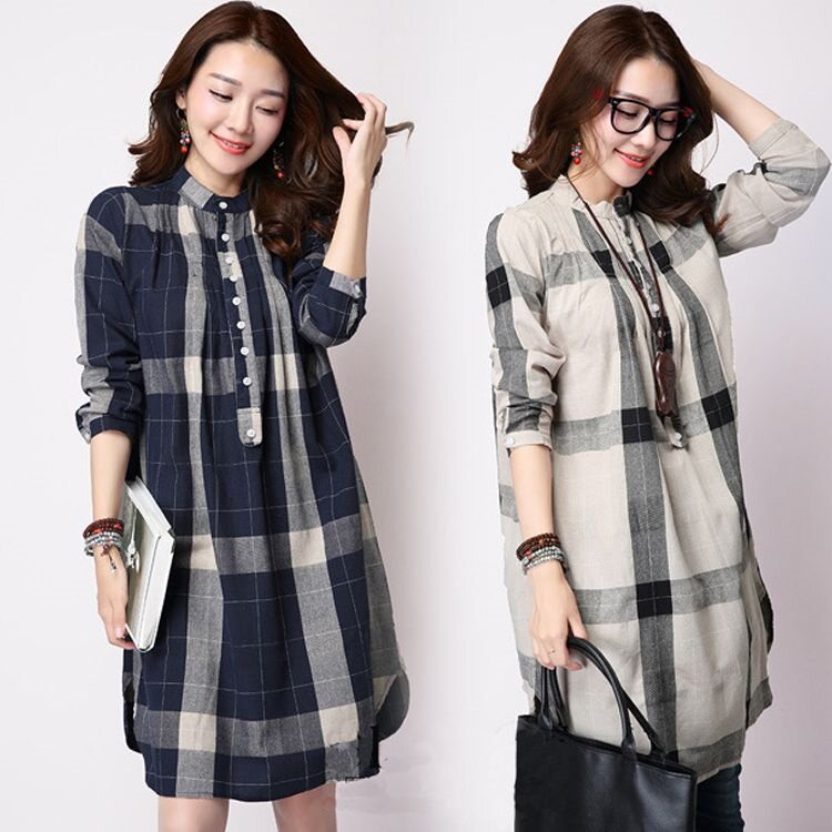 women grey check linen dress Handmade Checkered Linen Midi Dress: Long Sleeve Button-up