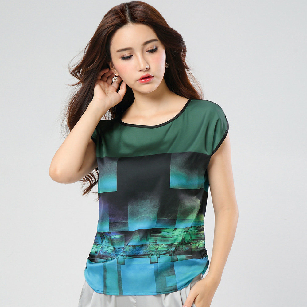 夏季真丝t恤女短袖圆领 大码弹力缎桑蚕丝上衣 印花衬衫修身