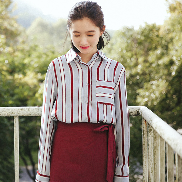 2017春季新品韩版不规则撞色条纹衬衫女学生宽松显瘦学院风衬衣潮