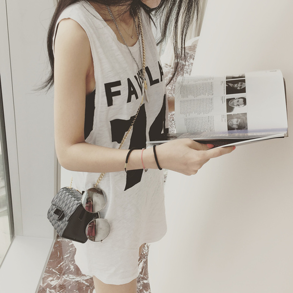 2016夏季新款韩版字母74数字棉宽松显瘦中长款背心裙无袖T恤女潮C