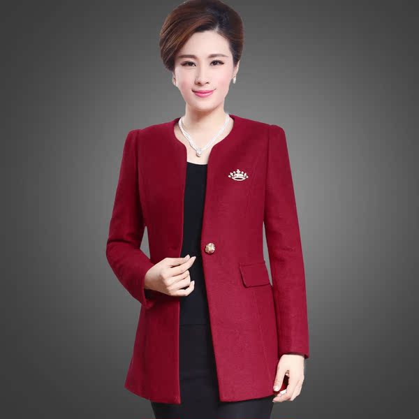 30-35岁中年妇女春天外套长袖40-45岁妈妈春秋装无领风衣毛呢外衣