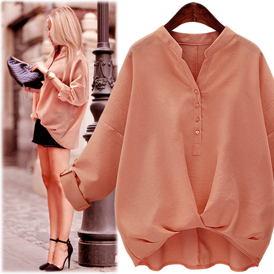 欧洲站2016春秋新款女装纯色棉麻衬衫宽松欧美时尚大码立领衬衣女