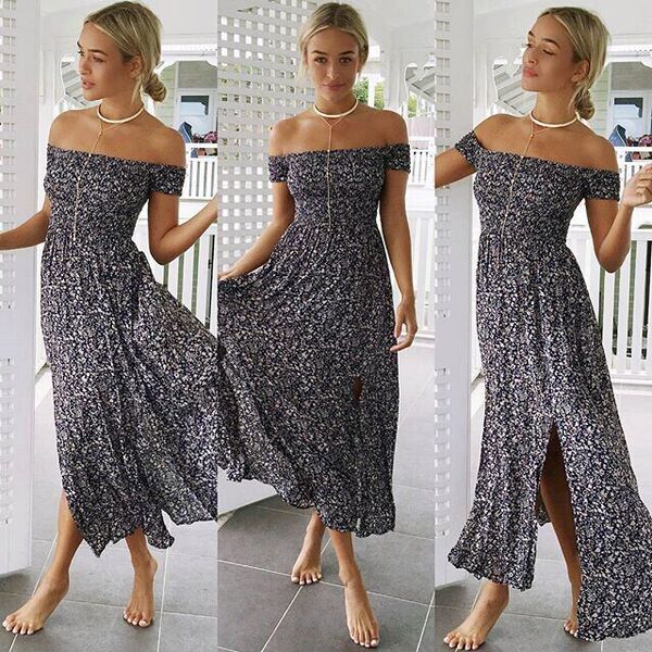 2016新品速卖通爆款一字领露肩小碎花开叉连衣裙时尚渡假长裙2837