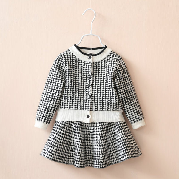【泡泡家】韩国童装2015秋季新女童千鸟格子针织上衣+半身裙套装
