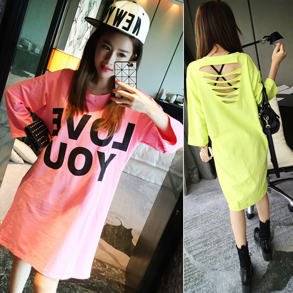 韩版秋装新款字母印花性感露背体恤宽松大码长款七分袖t恤女纯棉