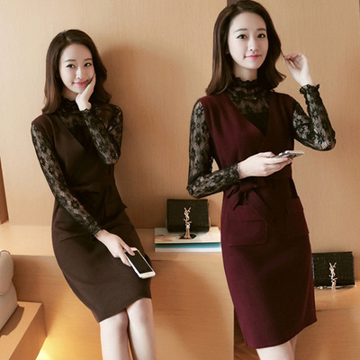 女装秋装套装2016唯品会正品牌百搭羊毛针织衫毛衣两件套连衣裙潮