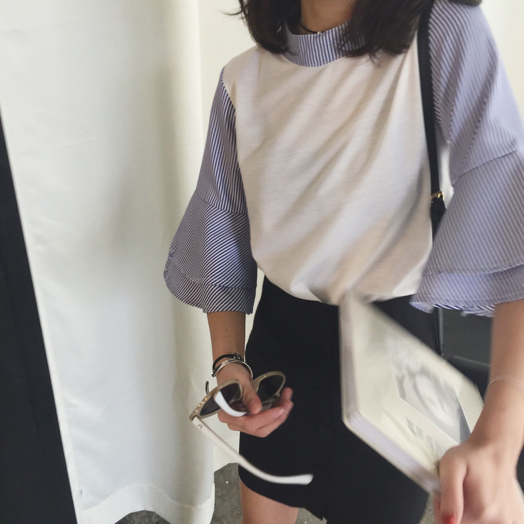 2016甜美气质经典条纹假两件纯棉T恤女荷叶五分袖韩国百搭休闲tee