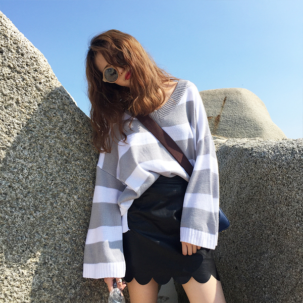 韓國2016秋冬新款寬松條紋蝙蝠袖針織衫薄款前短後長套頭休閑毛衣